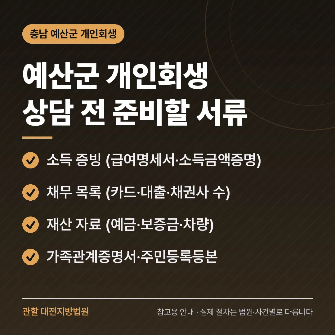 충남 예산군 개인회생 상담 전 준비 서류